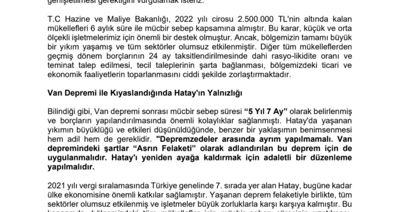 Hatay Dernekleri ve Odalarindan Adil Mücbir Sebep Çağrısı